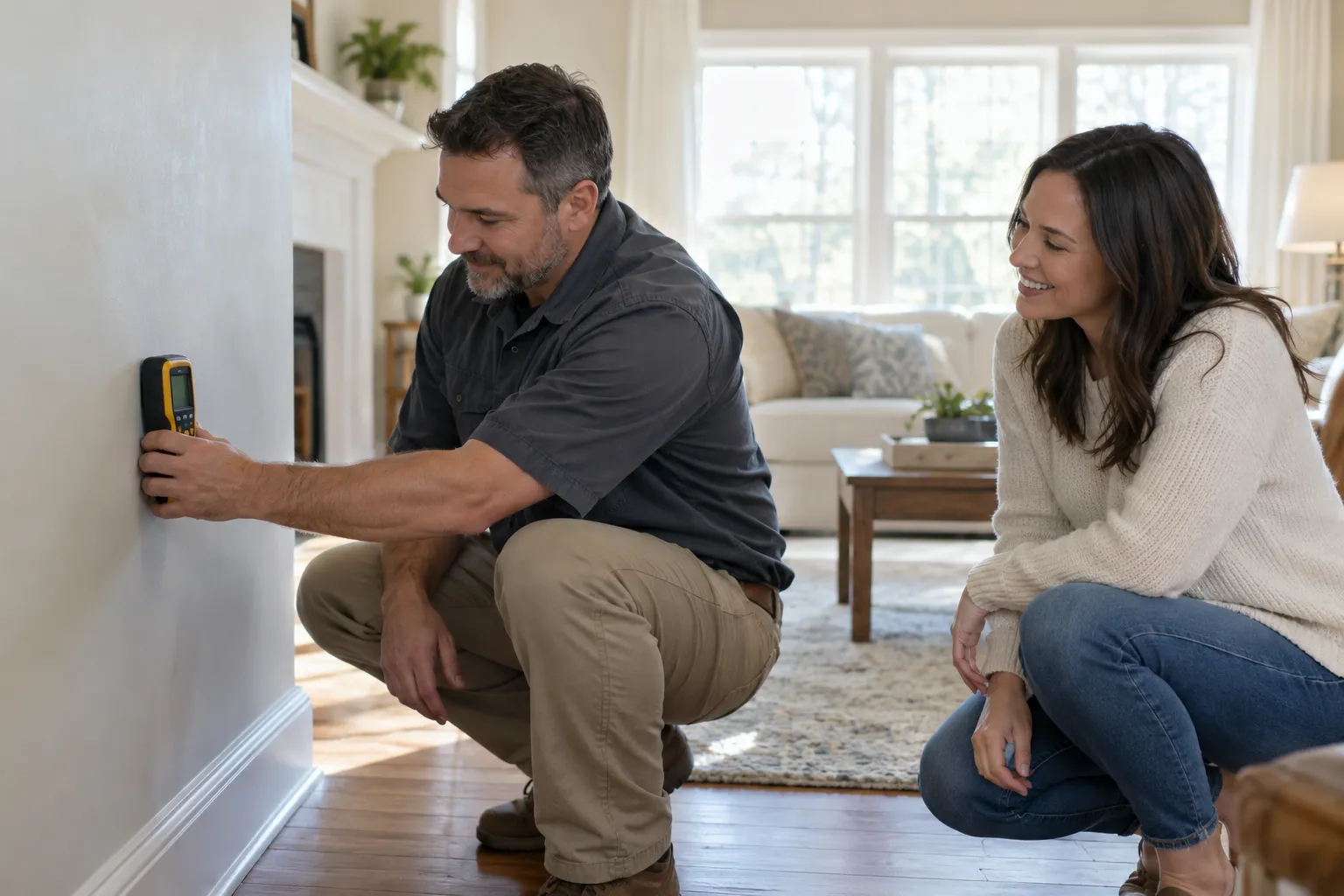 A provider and homeowner reviewing a moisture reading together in the Tampa area